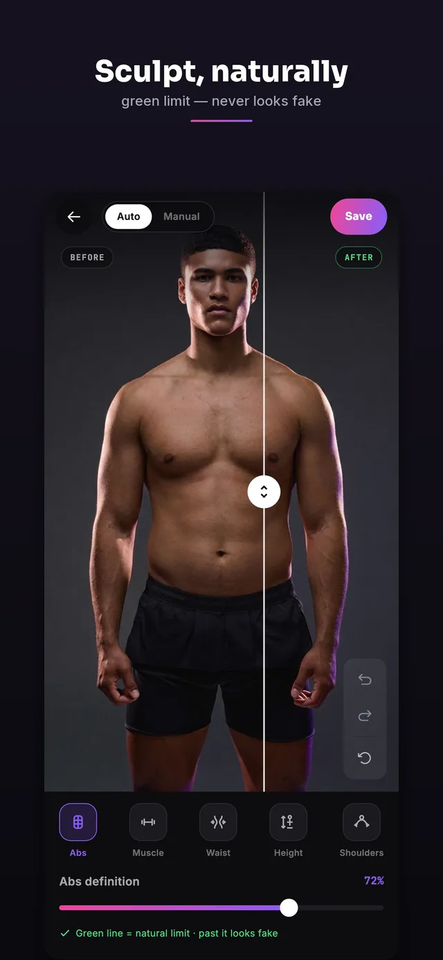 Body sculpt tools adding muscle with the green natural-limit slider