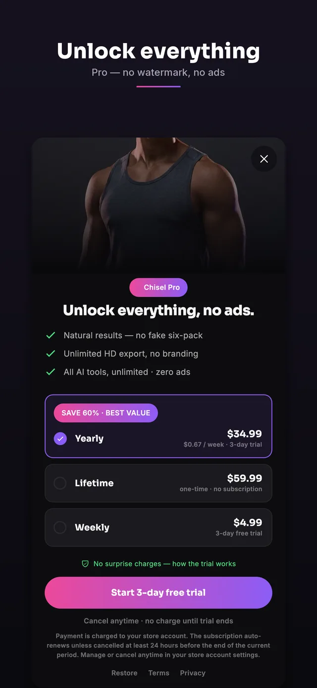 Chisel Pro unlock screen with pricing for the body editor